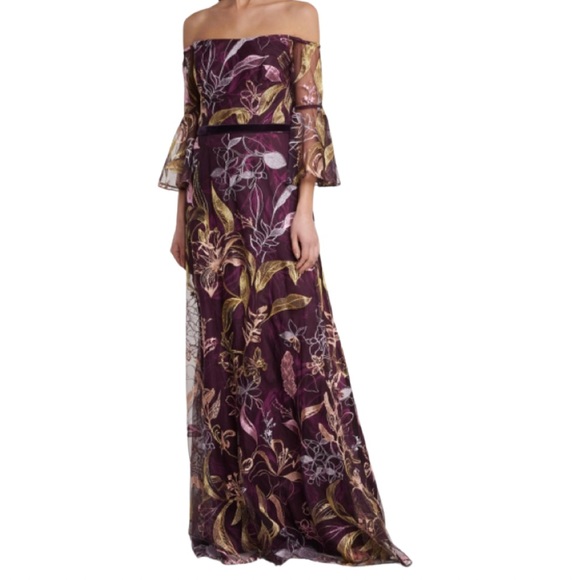 Marchesa Notte off-shoulder embroidered